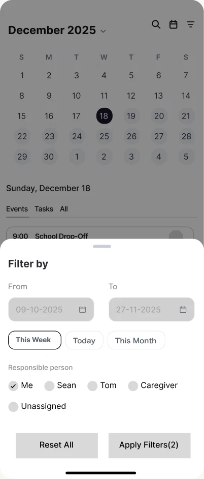 Low-fidelity wireframe, Calendar 7.6 filters applied: calendar with filters applied