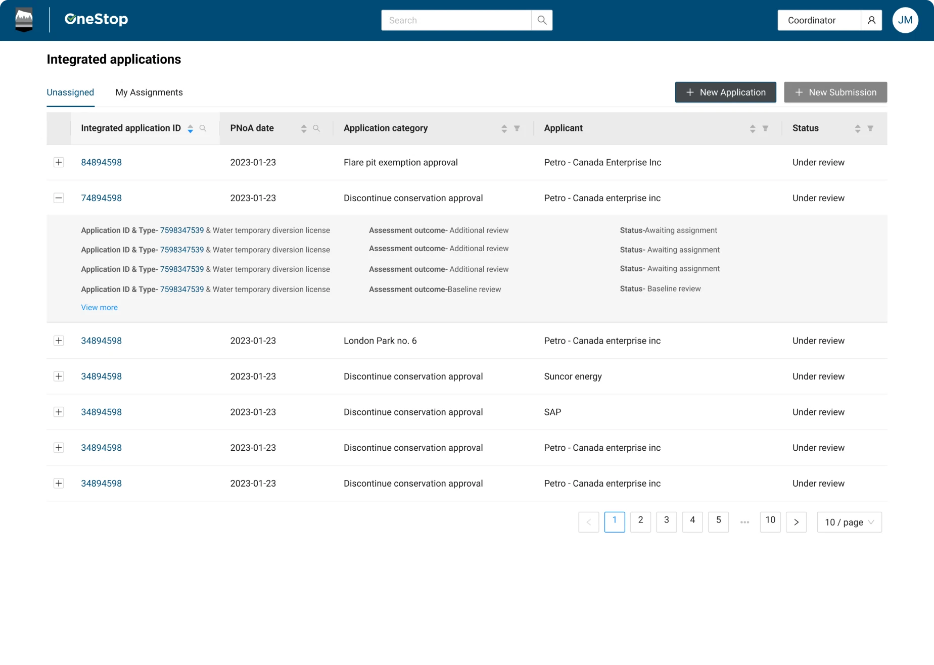 Legacy integrated-applications table with expandable rows and tightly packed columns