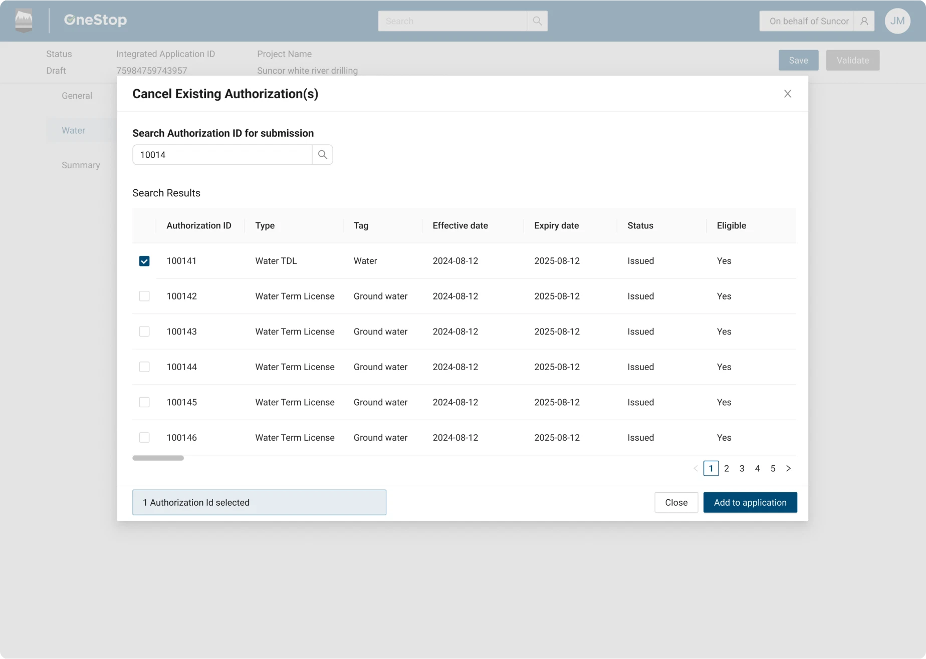 Legacy “Cancel existing authorization” dialog with a search table over a greyed-out form