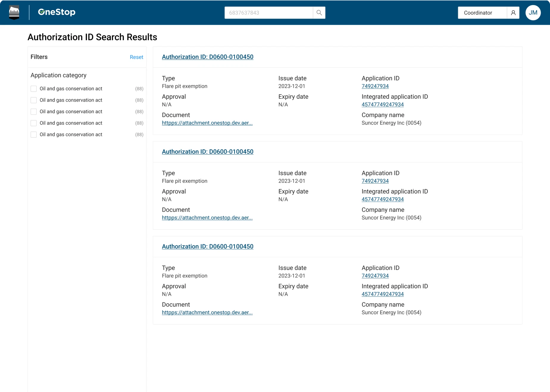 Legacy authorization ID search results: long list of identical result cards