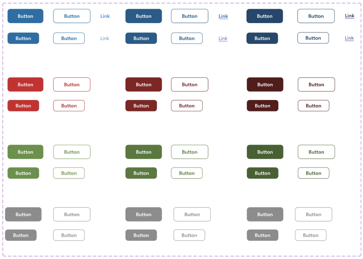 Buttons: Buttons in blue, red, green and grey — filled and outlined, default and hover, with link variants