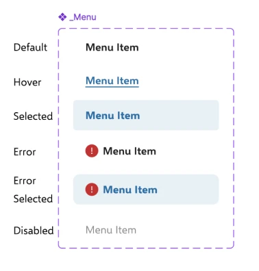 Menu items: Menu items in default, hover, selected, error, error selected and disabled states