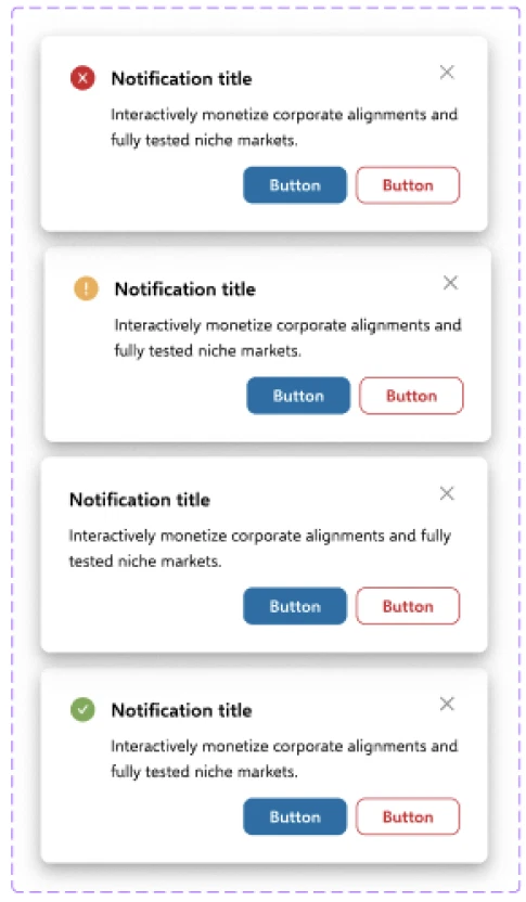 Notifications: Notification cards with title, description and two buttons in error, warning, neutral and success