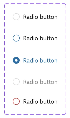 Radio buttons: Radio buttons in default, hover, selected, disabled and error states