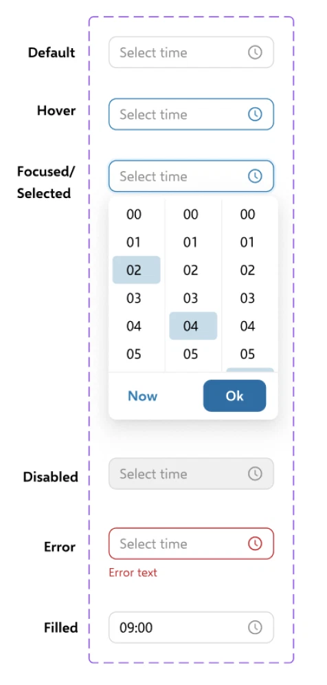 Time picker: Time picker in default, hover, focused with the hours/minutes/seconds columns open, disabled, error and filled states