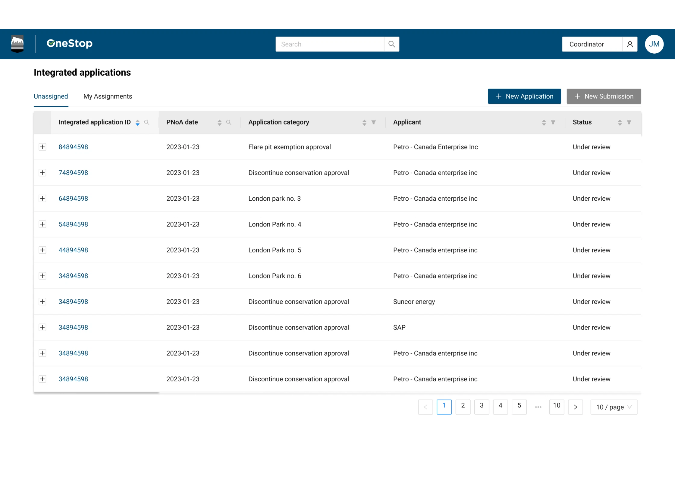 Original OneStop dashboard: integrated applications table with expandable rows and no filters
