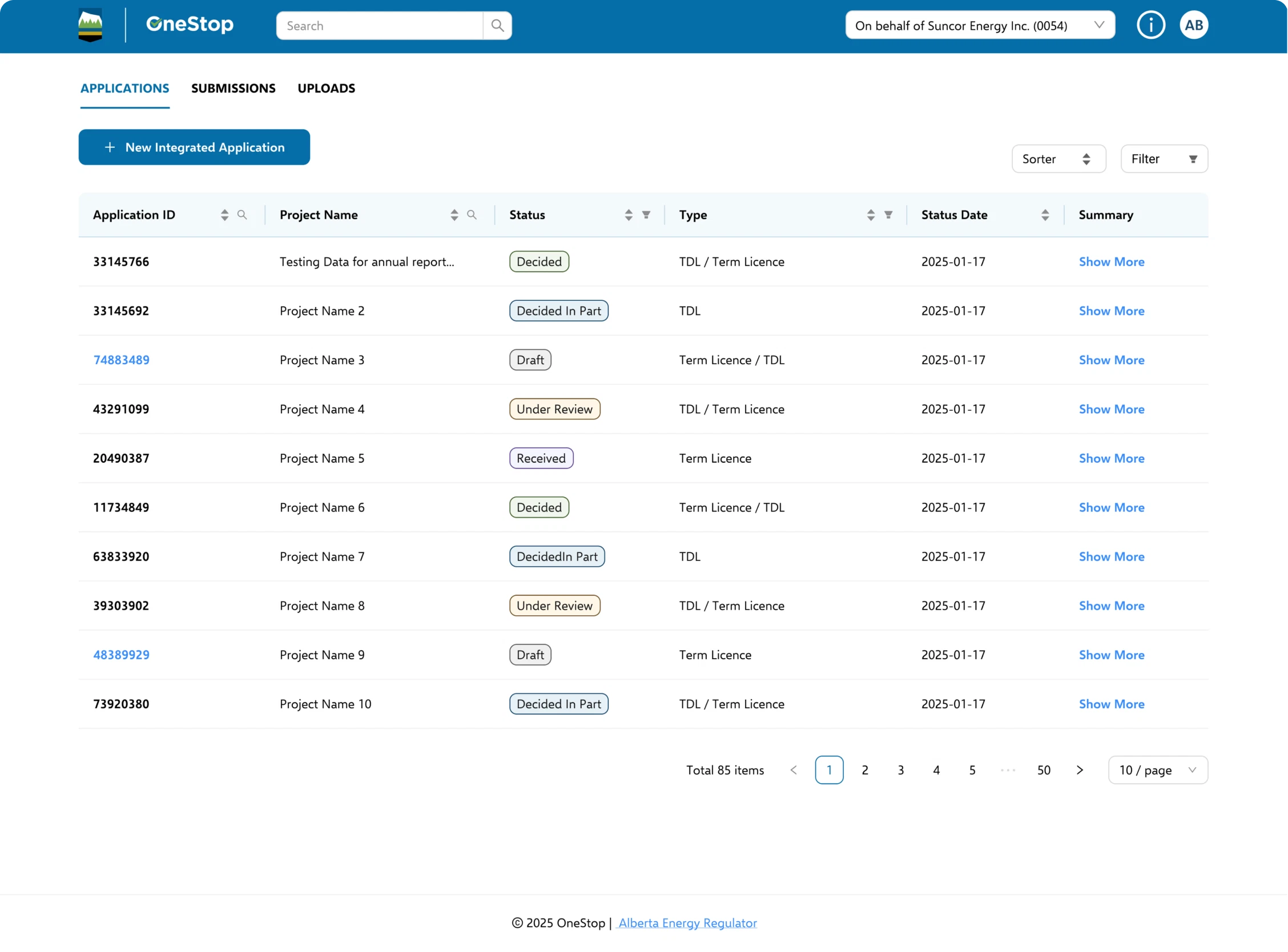 Redesigned OneStop dashboard: applications table with colour-coded status badges, sorting and filter controls