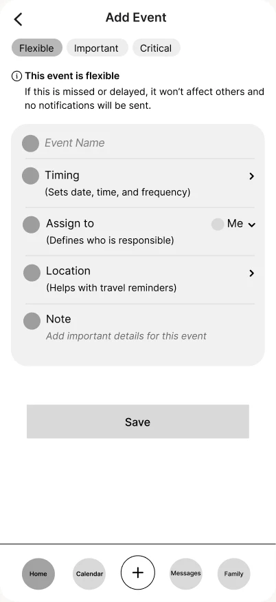Low-fidelity wireframe, Events 5.2 flexible, second variant: new event form with a flexible time
