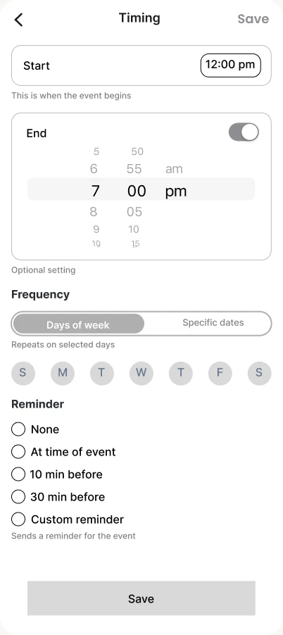 Low-fidelity wireframe, Events 5.7 end time selected: new event form with the end time selected