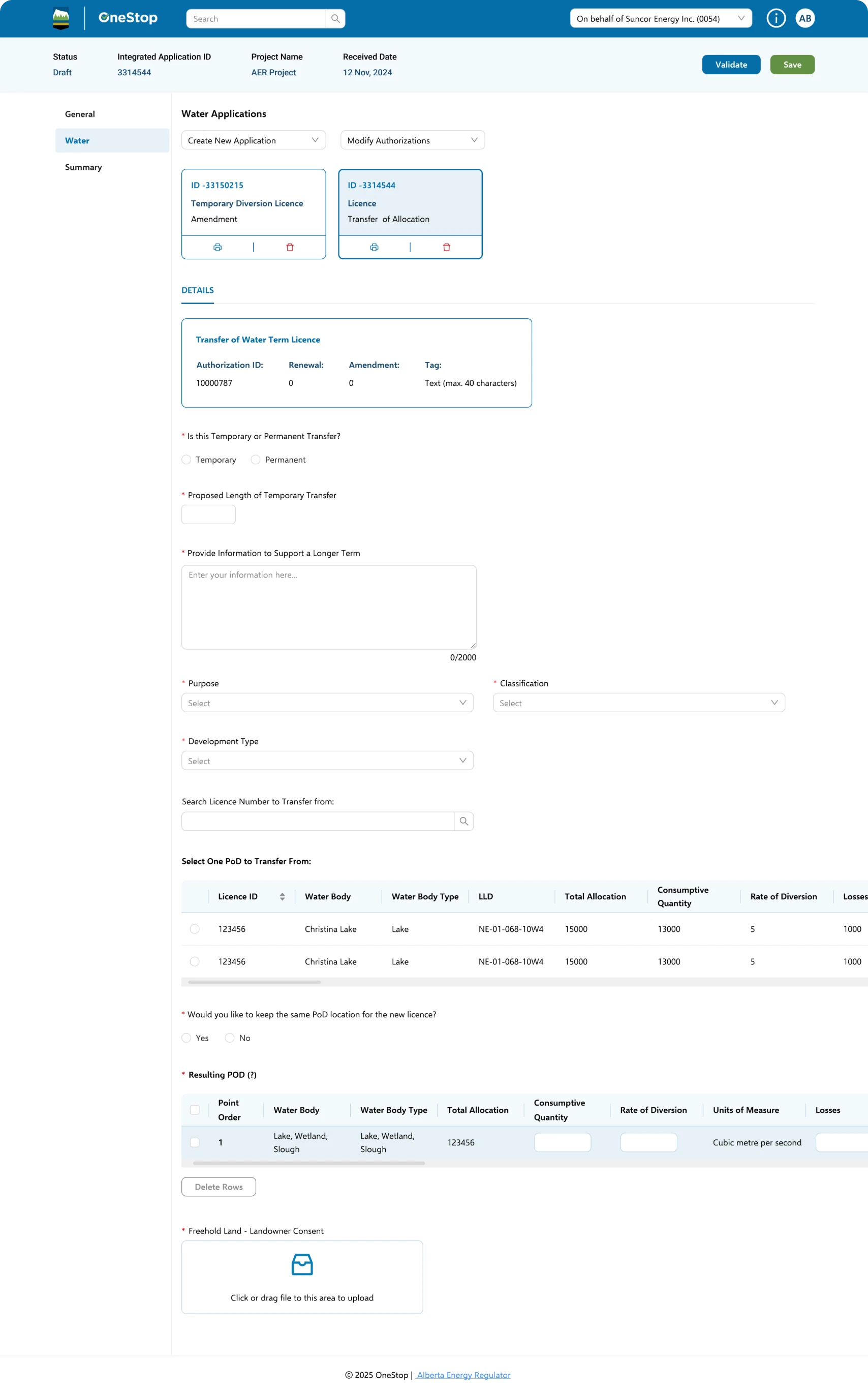 Final design: TL transfer form with licence cards, transfer details, PoD table and landowner consent upload