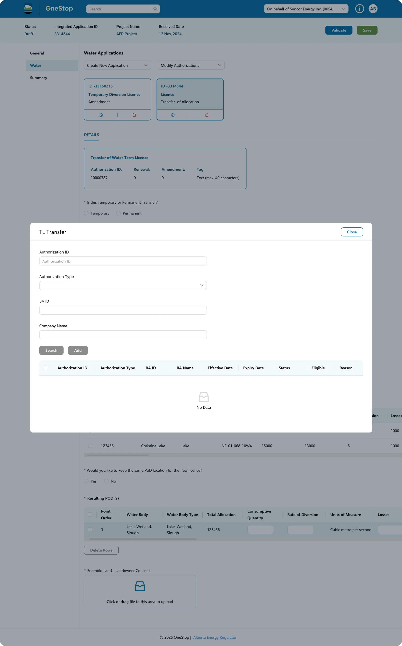 Final design: the same form with the TL Transfer search modal open