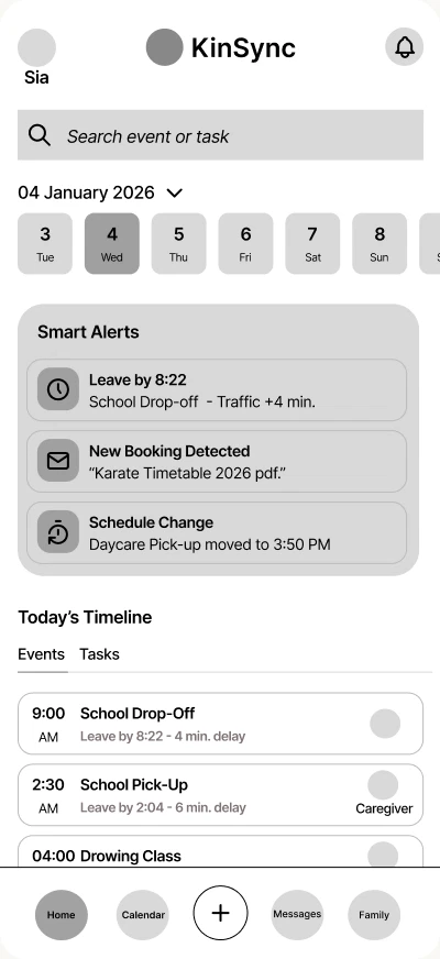 Low-fidelity wireframe, Home 4.0 events: home page with search, week strip, smart alerts and today's timeline