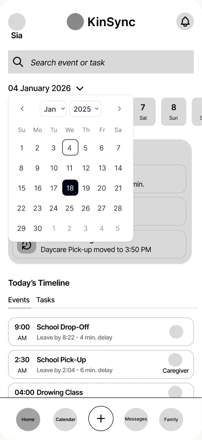 Low-fidelity wireframe, Home 4.3 calendar: home page with the month calendar dropped down over the timeline