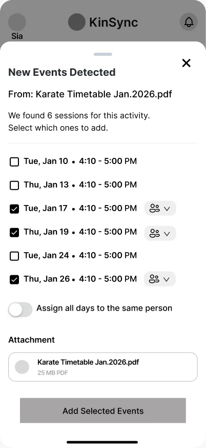 Low-fidelity wireframe, Home 4.9 selected dates: event details sheet with the selected dates
