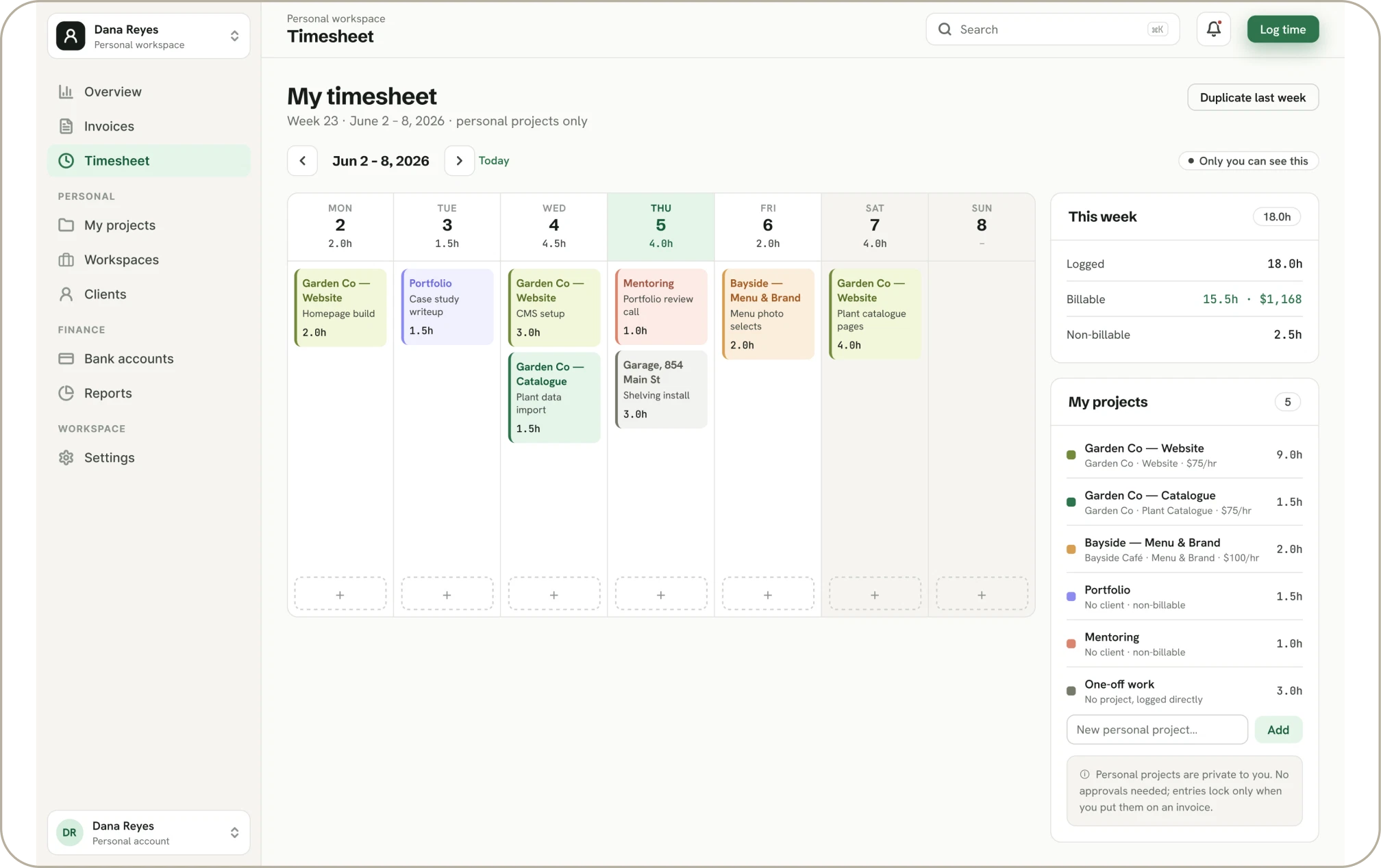 TimeWix timesheet in week view: daily time entries per project with the weekly summary and project list beside them