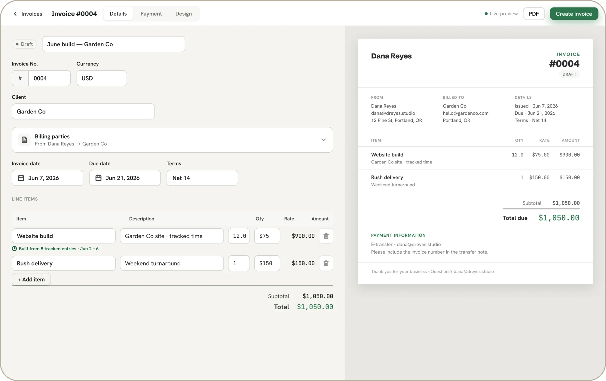 TimeWix invoice editor: line items built from tracked time on the left and the live invoice preview on the right