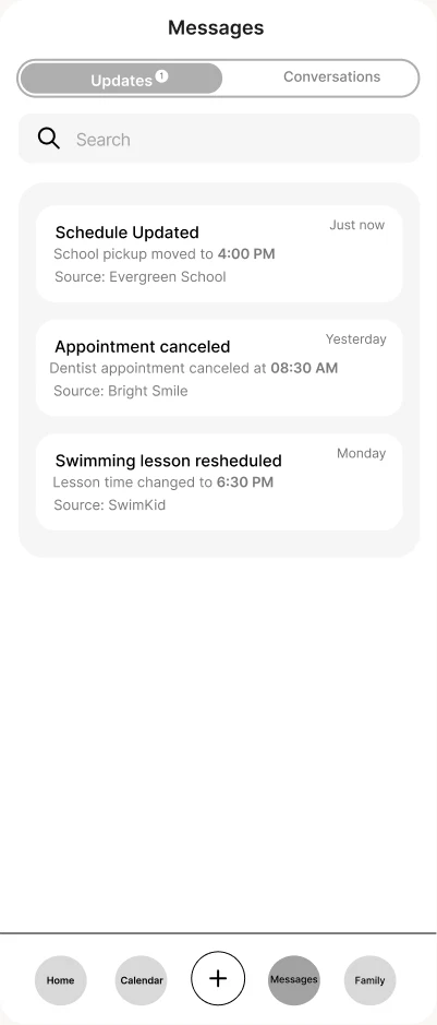 Low-fidelity wireframe, Messages 8.1.0 updates: messages, updates list