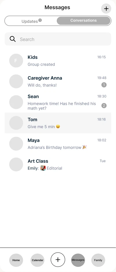 Low-fidelity wireframe, Messages 8.9 group created: messages, family group created