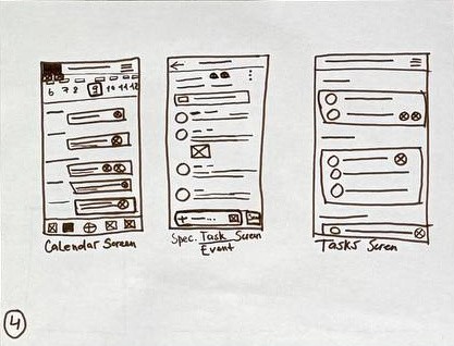 Paper sketch 4 — calendar screen, specific task/event screen and tasks screen