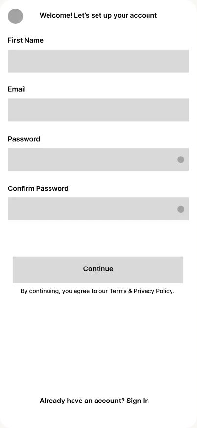 Low-fidelity wireframe, Parent flow 2.2: welcome, set up your account with e-mail, password and confirm password
