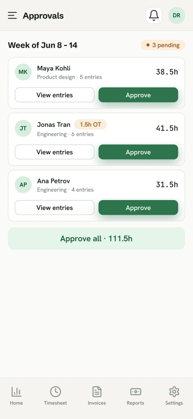 TimeWix mobile: approvals queue