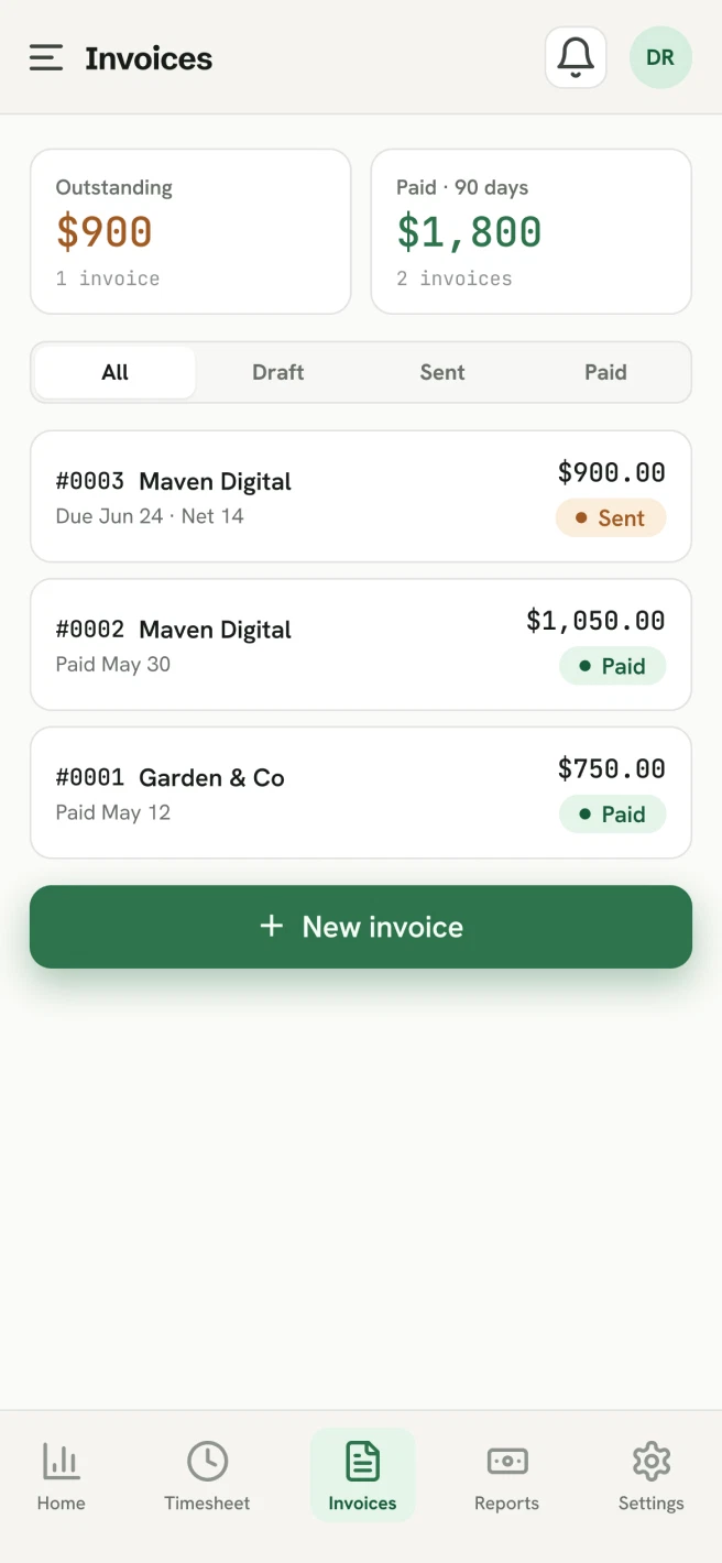 TimeWix mobile: invoices list