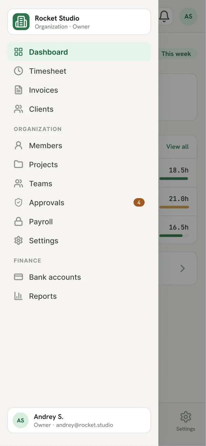 TimeWix mobile: navigation menu sheet