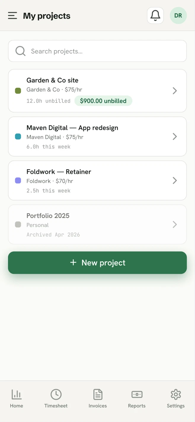 TimeWix mobile: my projects list