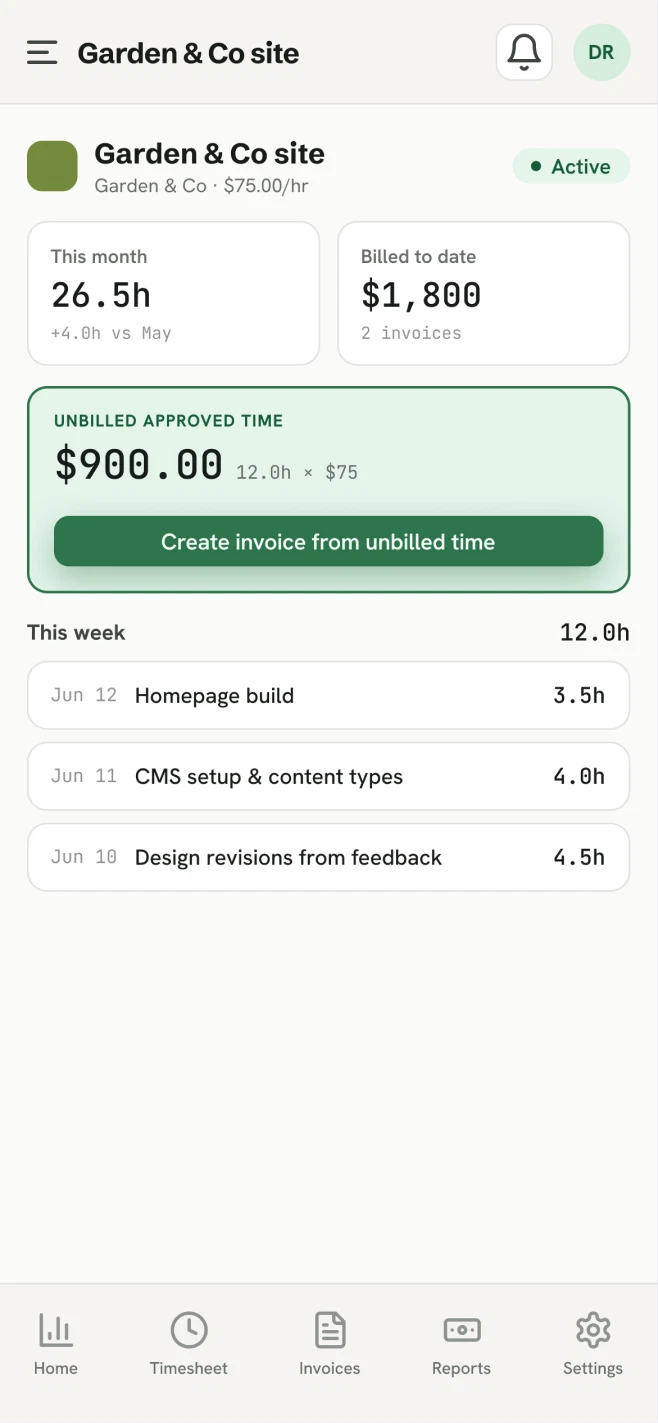 TimeWix mobile: project details for Garden & Co
