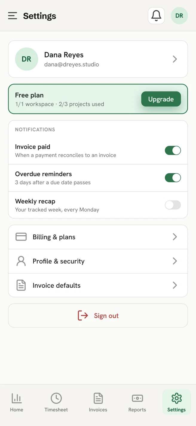TimeWix mobile: settings