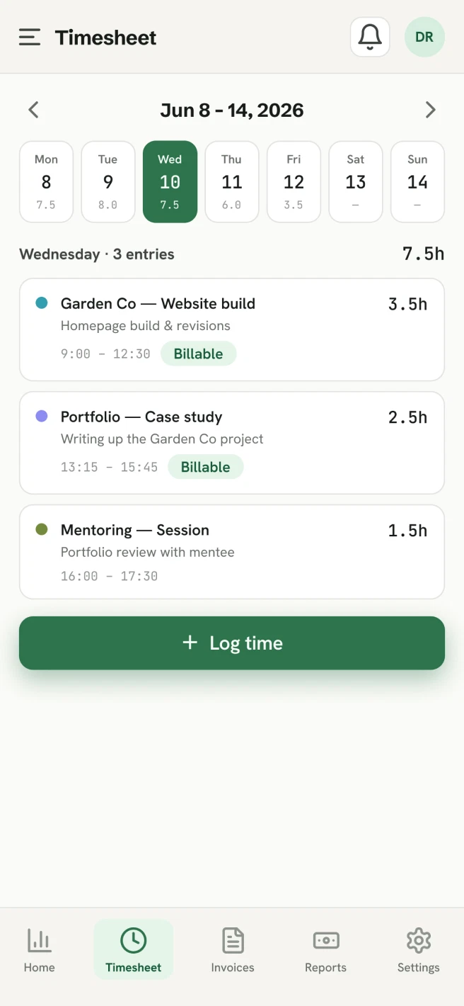 TimeWix mobile: timesheet for the week