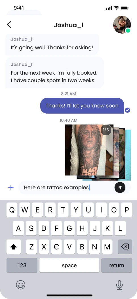 Direct message thread with a shared tattoo photo