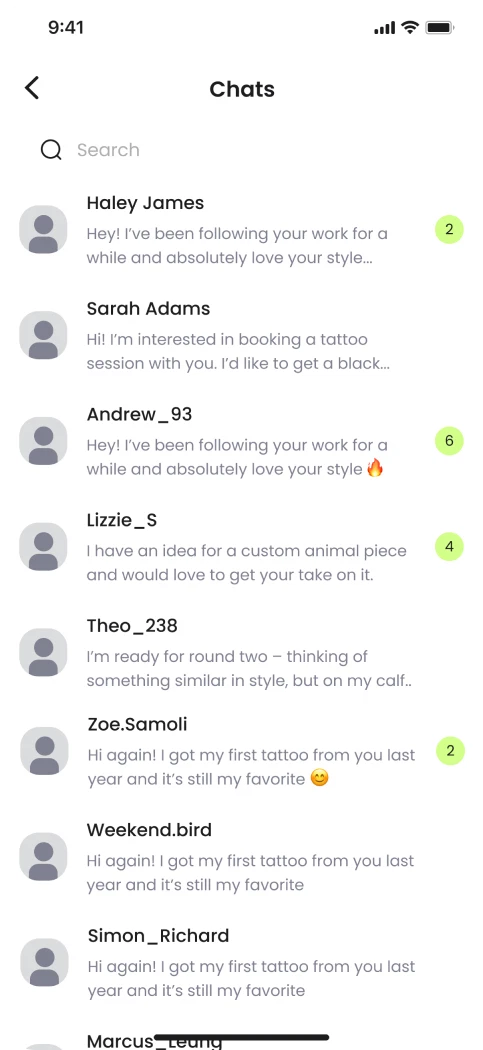 Chats list with unread counters