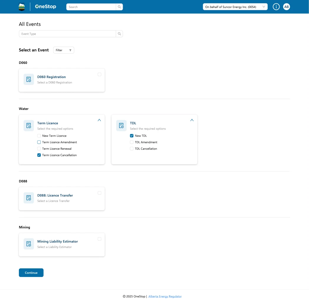All Events page: select an event with D060 registration, water term licence and TDL option cards, D088 licence transfer and a mining liability estimator