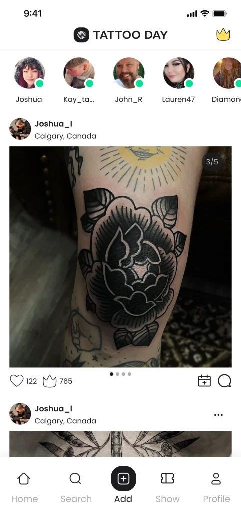 Home feed with stories from followed artists