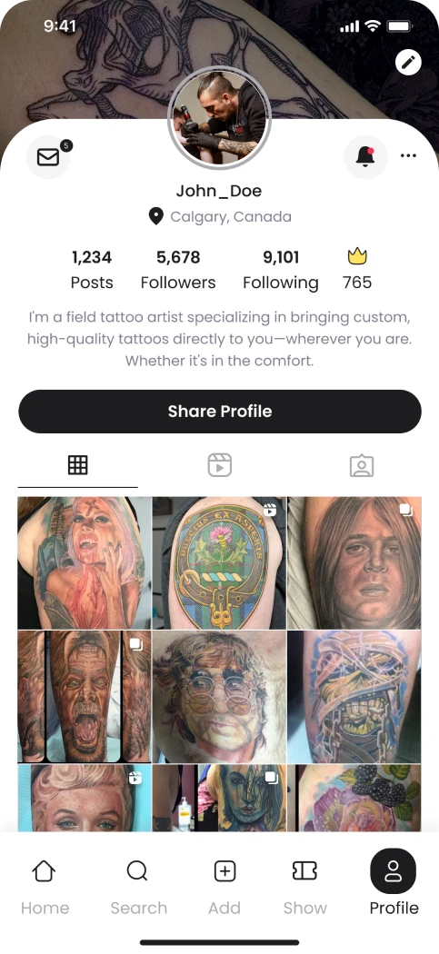 Artist profile of John_Doe with a portfolio grid
