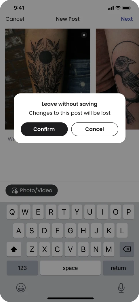 New Post composer with the Leave without saving dialog