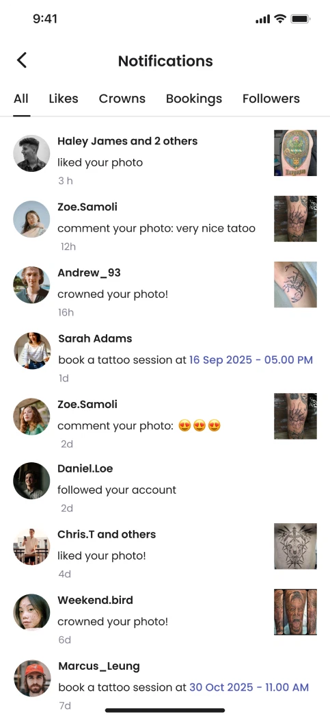 Notifications: likes, comments, crowns and bookings