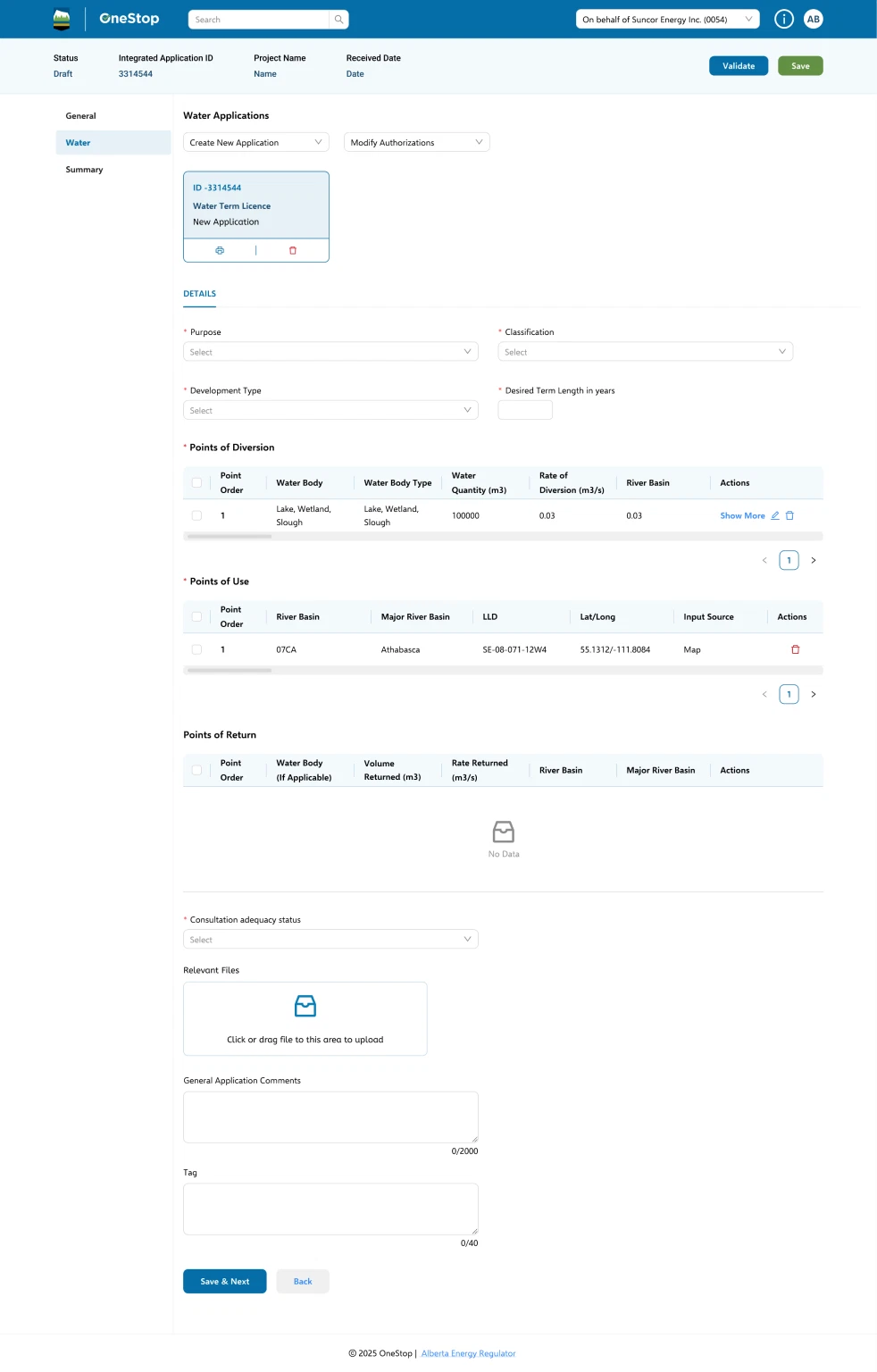 Water application details: purpose and classification, points of diversion, points of use and points of return tables, consultation status, relevant files, comments and tags