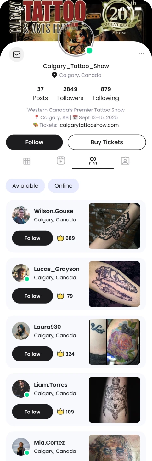 Tattoo show profile listing available artists