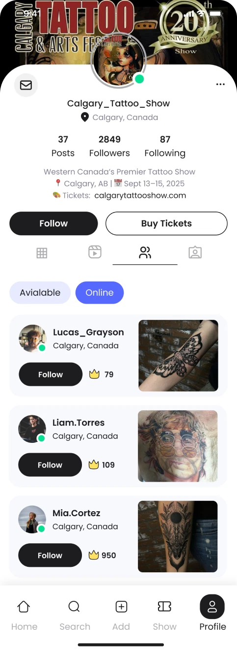 Tattoo show profile with the Online filter chip selected