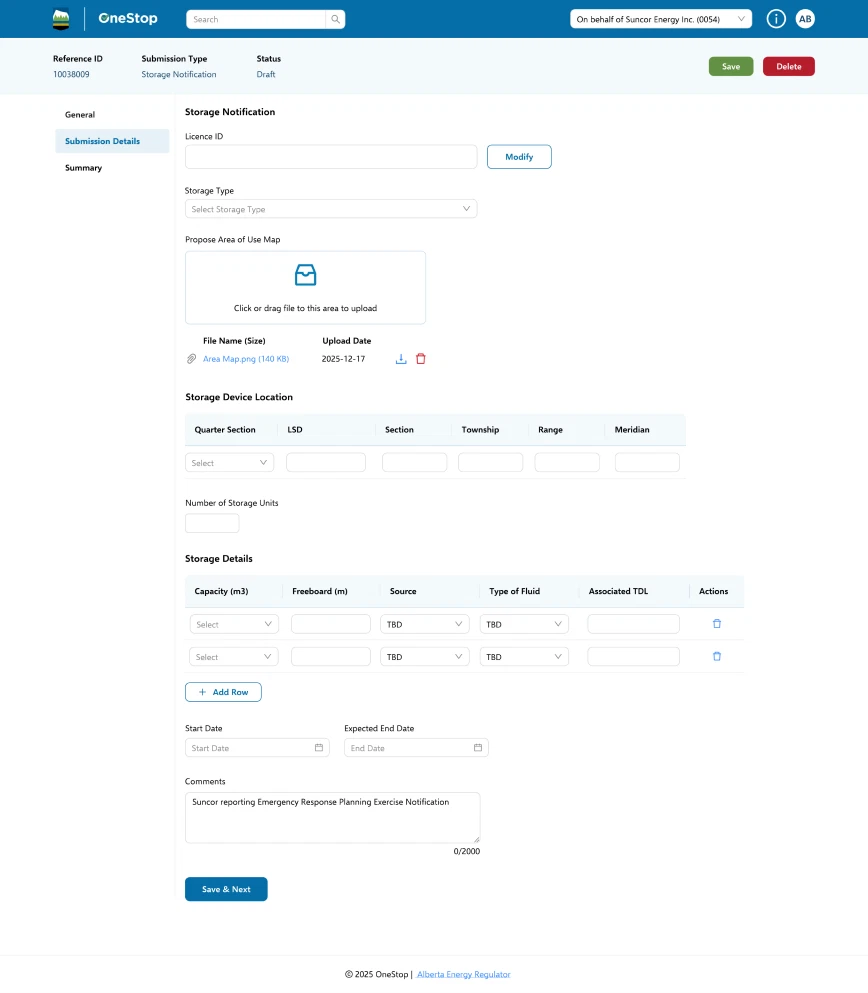 Storage Notification form: licence ID, storage type, an area-of-use map upload, storage device location and storage details rows