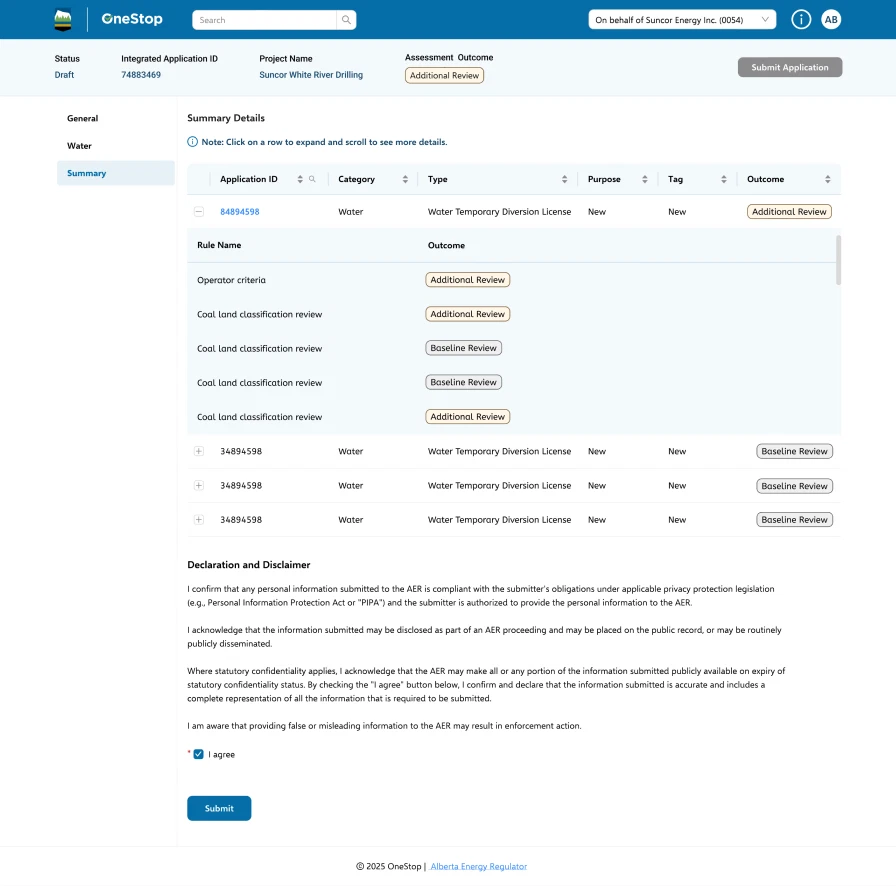Summary details table of water temporary diversion licences with purpose, tag and outcome badges, followed by the declaration and disclaimer and a Submit button