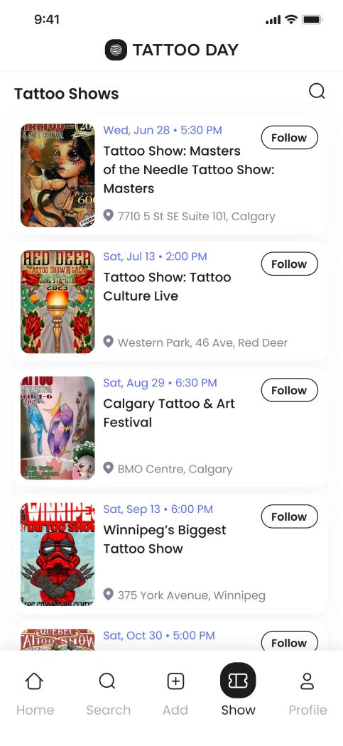Tattoo Shows list with dates, venues and Follow buttons