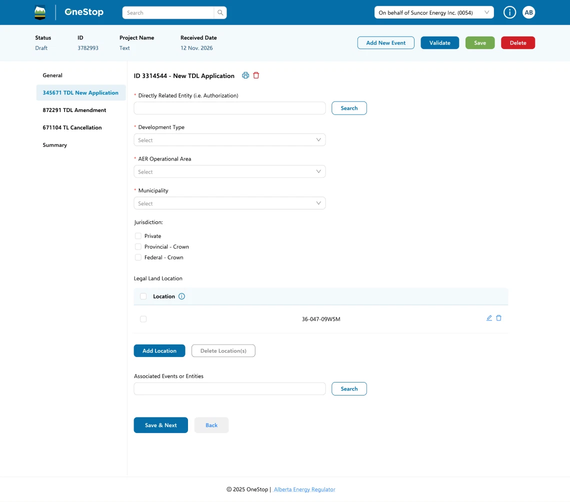 New TDL application form: directly related entity, development type, AER operational area, municipality, jurisdiction and legal land location