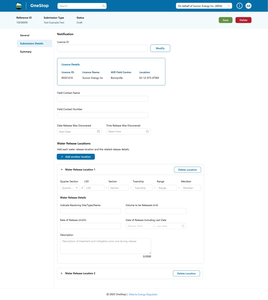 Notification form with licence details, field contact, release dates and a collapsed Water Release Location section with quarter section, LSD, section, township, range and meridian fields