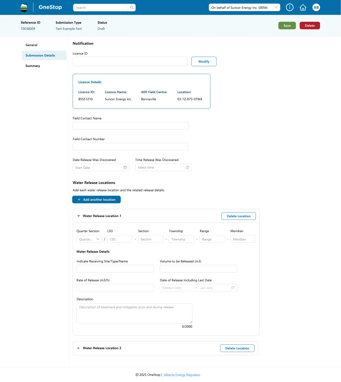 The same notification form with Water Release Location 1 expanded: receiving site, volume to be released, rate of release, release dates and description