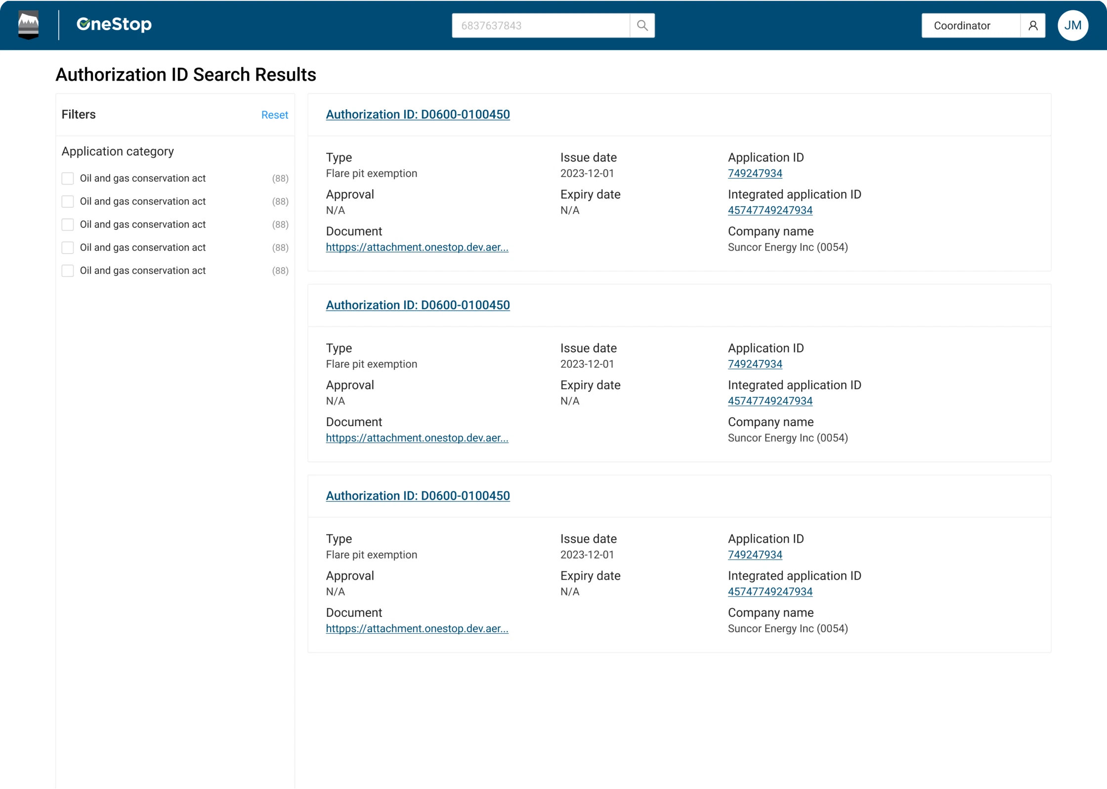 Original authorization ID search: filters on the left and a long list of identical result cards