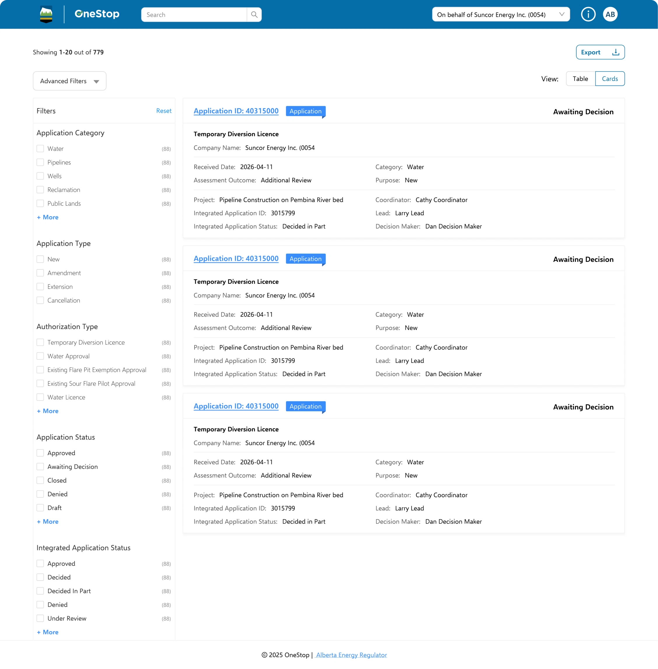 Redesigned search: result count, advanced filters, table or card view toggle and structured application cards