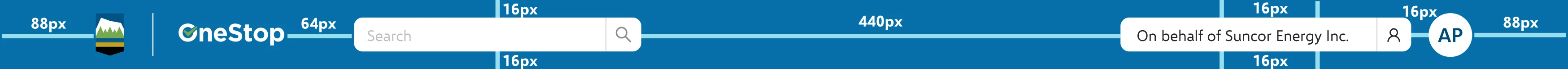 OneStop header with spacing annotations: 88px page margins, 64px logo gap, 16px paddings and a 440px search field